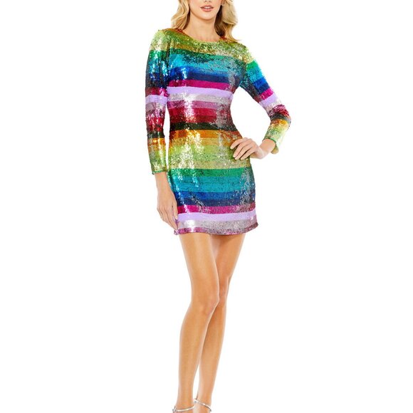 Mac Duggal Rainbow Striped Sequin Cocktail Long Sleeve Mini Dress - Picture 3 of 5